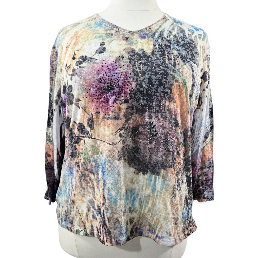 Jess & Jane Abelia Multicolor Abstract Floral Beaded Top Boho Artsy Art to Wear